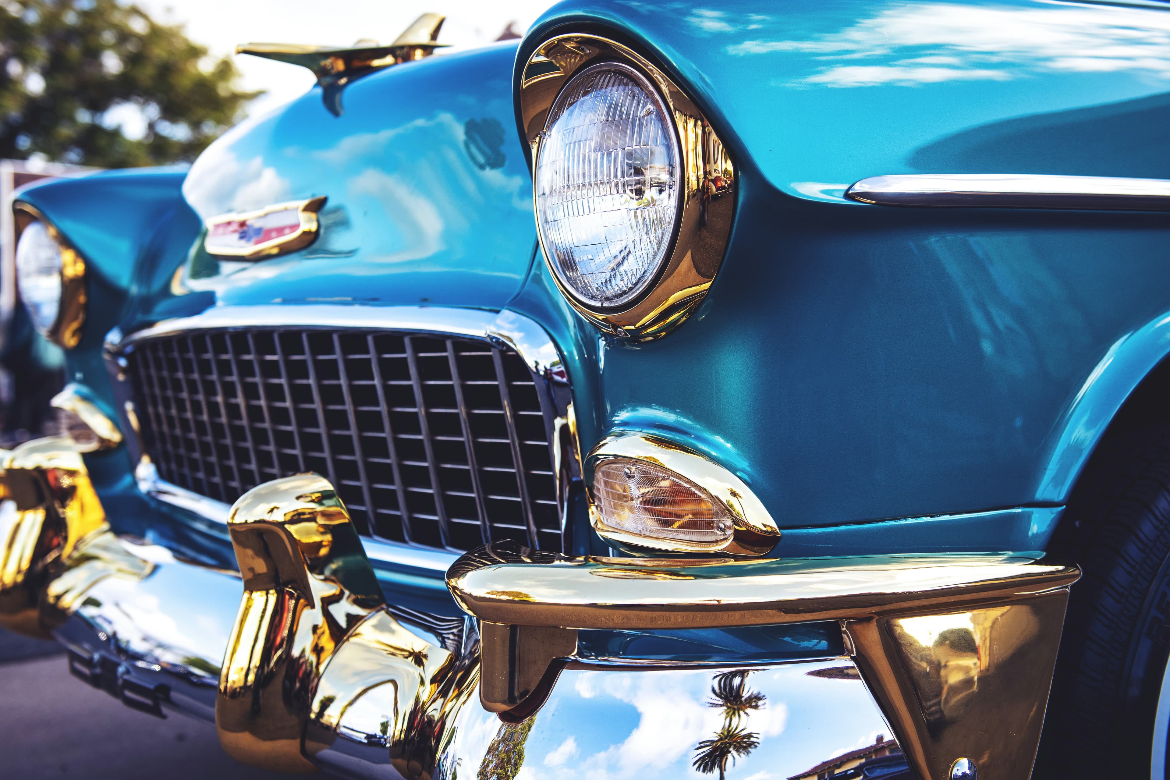 Blue 1950s Chevrolet Bel Air with chrome grille